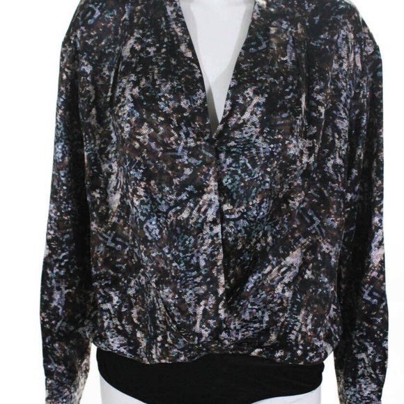 ASTR Women's Yvette Sequin Print V-Neck Bodysuit Black Blue Size Large NWT - Picture 1 of 8